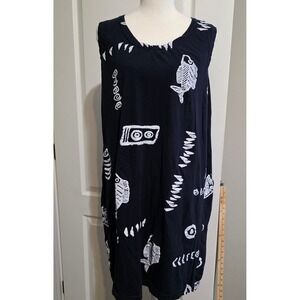 EXIST Sundress Women 1X Blue White Fish Bone Graphic Sleeveless Cotton Knit